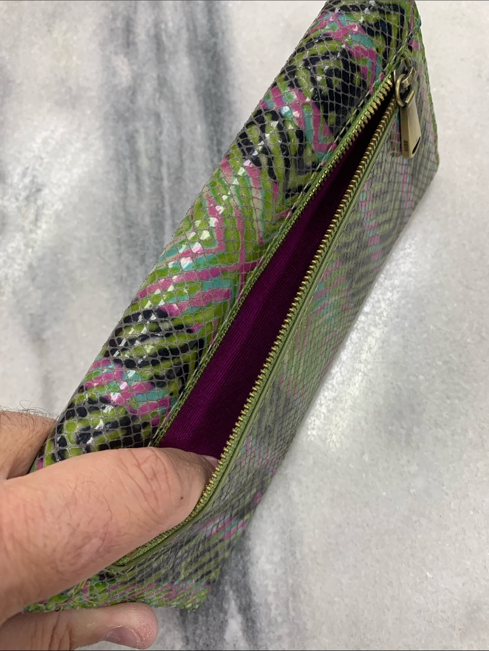 Women’s Snake-Embossed Foldover Wallet in Green & Pink - Picture 2 of 6